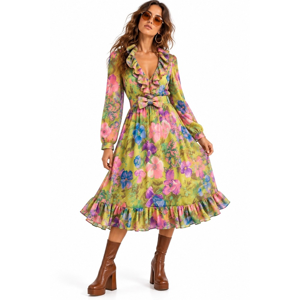 Vintage Samuel Spigel Floral Ruffle Midi Dress Small Green Pink Bow Flower Power